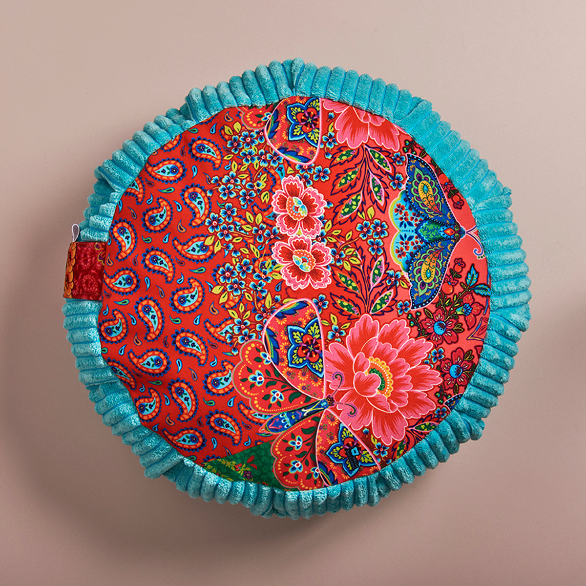  Coussin de méditation india fond multicouleurs et contour turquoise 