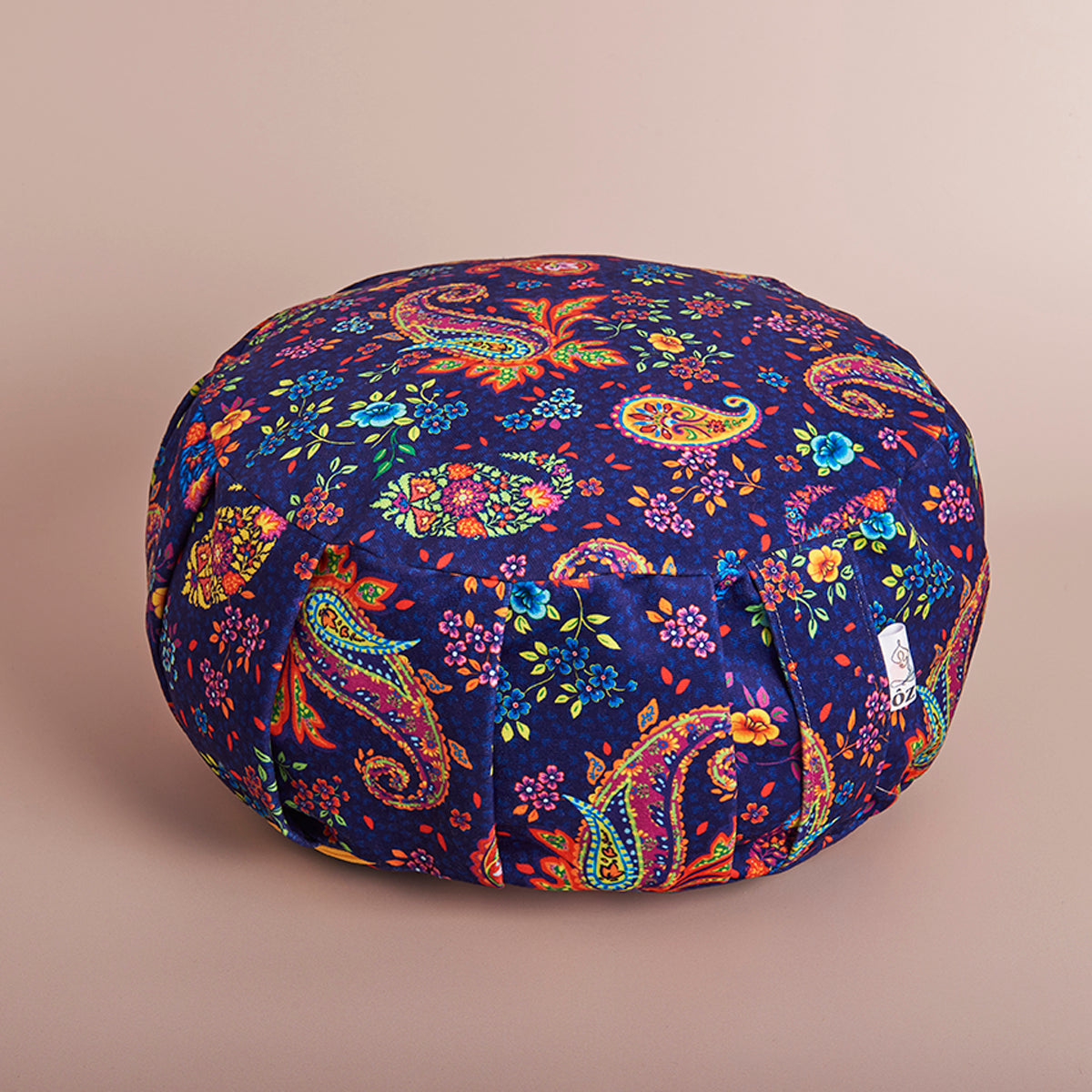 Coussin de méditation zafu nuit indienne,bleu nuit et arabesque multicouleurs 