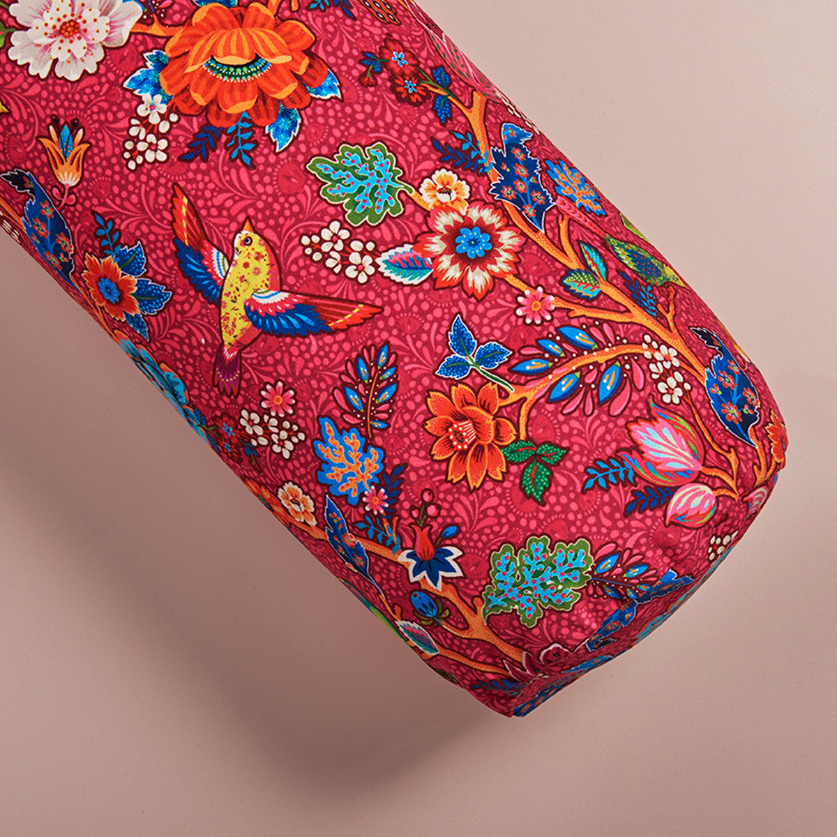 Traversin de yoga bolster bali rose avec des oiseaux et des fleurs multicouleurs 