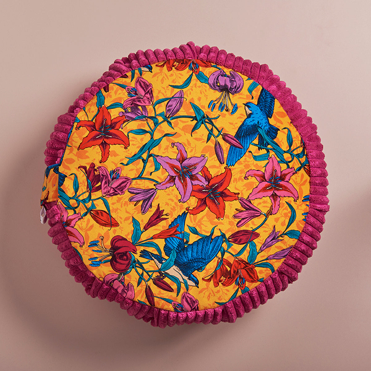 Coussin de méditation zafu hirondelles fond jaune contour framboise