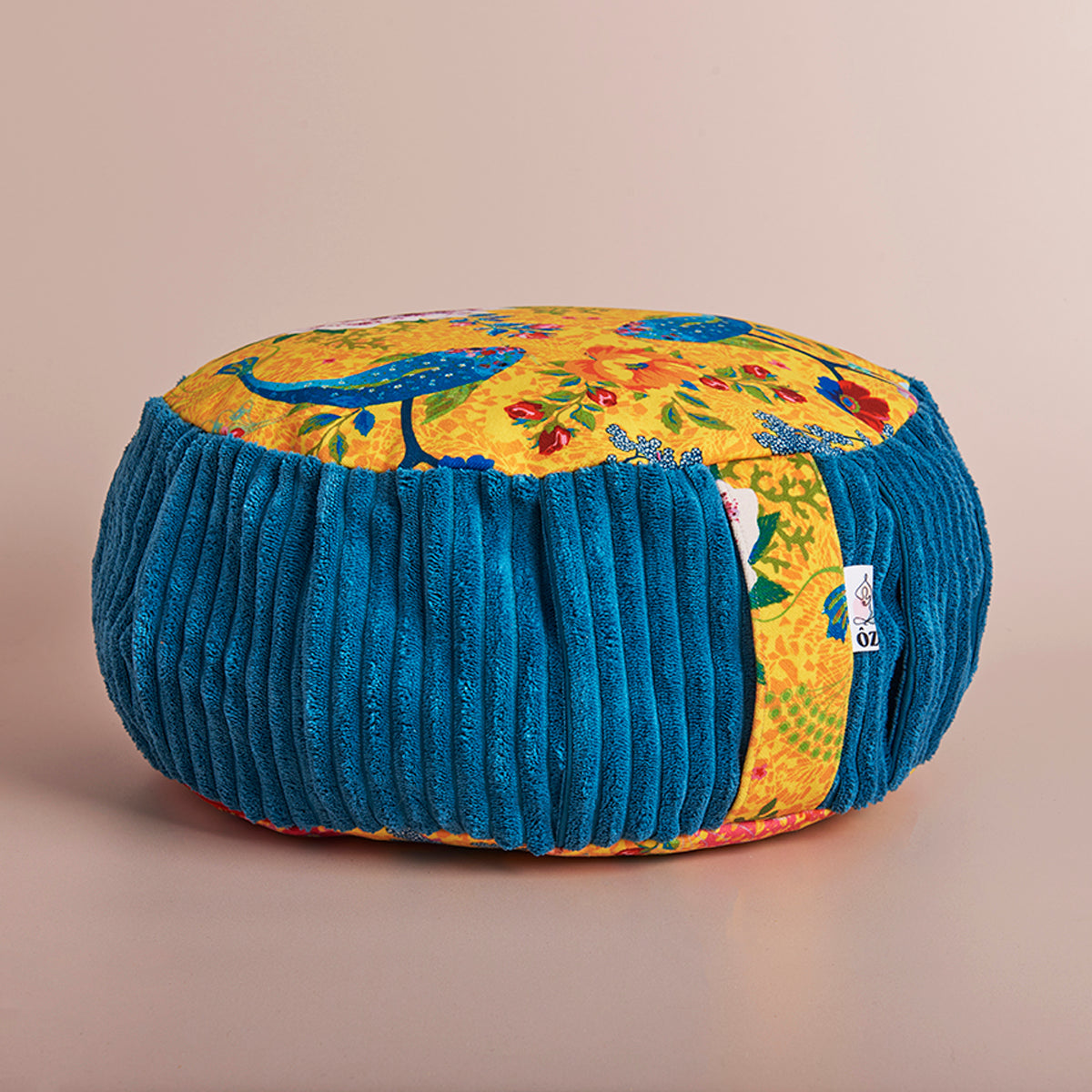 Coussin de méditation zafu lotus fond jaune contour bleu pétrole 